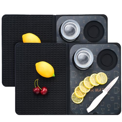 Tioncy 2 Pcs 3-en-1 Estación de Bar Plegable con Tabla de Cortar y Alfombrilla de Silicona 46x30 cm para Preparación de Cócteles y Barra en Casa