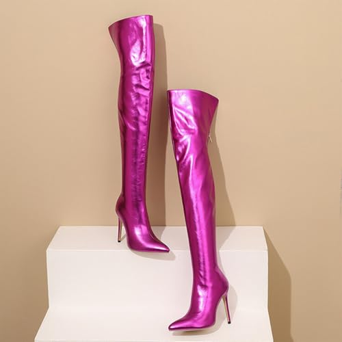 Over The Knee High Boots for Women, Pointed Toe Stiletto Heel Zippered Thigh Boots Metallic Patent Leather Fashionable Large Size Boots Heel Height 11CM3