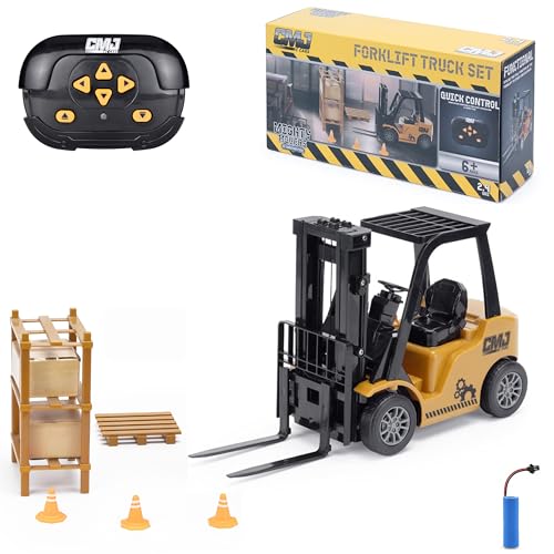 CMJ RC Cars Remote Control Forklift Truck FLT 2.4 GHz Realistic Construction Vehicle with High Shelf Pallets Boxes & Pylons Rechargeable Warehouse Toy for Kids & Model Enthusiasts 1:16