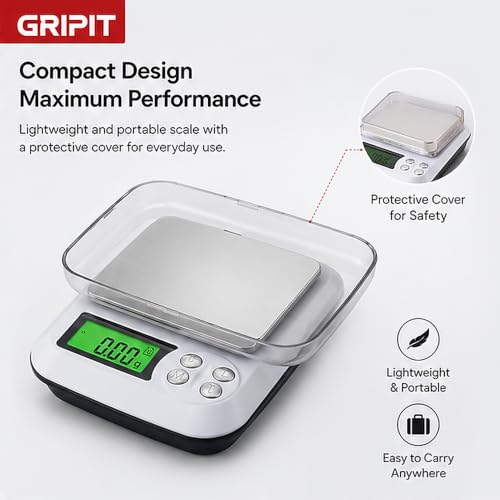 Image of Gripit Jewellery Weighing Scale 1000g x 0.01g - High Precision Digital Gold Weight Machine with Backlit LCD Display for Shops, Labs & Kitchens, Stainless Steel Platform (White)