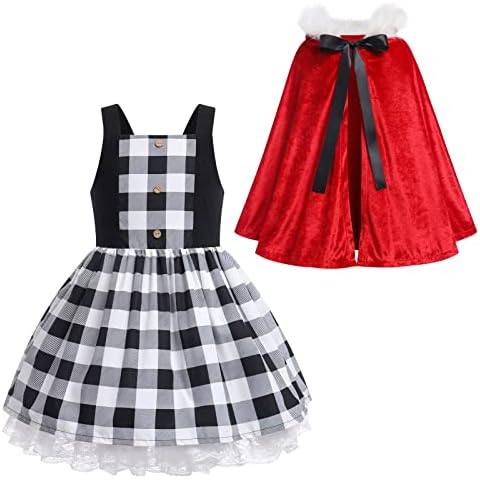 IBTOM CASTLE Christmas Dress for Toddler Girls, Sleeveless Plaid Dresses with Velvet Cloak Kids Santa Claus Cosplay Outfit Child Xmas Mrs Santa Claus Christmas Robe White Dress+ Cape 7-8 Years Cover