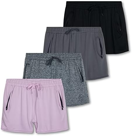 4 Pack: Womens Active Athletic Short Performance Quick Dry Dri Fit Shorts for Women with Zipper Pockets Gym Tennis Casual Workout 4" Inseam Summer Clothes Yoga Jogging Running Fitness - Set 11, M