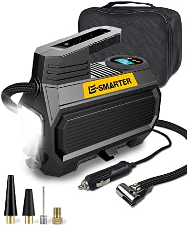 E-SMARTER Car Tyre Inflator Air Compressor, 12V/ 120W/ 150 PSI/ 10.5 Bar, Car Tyre Pump with Handle, 4 Valve Adaptors, LED Light, 2xFaster Car Pumps for Tyres of Car, Bike, Motorcycle, Ball, Mattress