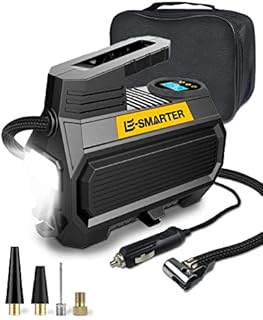E-SMARTER Car Tyre Inflator Air Compressor, 12V/ 120W/ 150 PSI/ 10.5 Bar, Car Tyre Pump with Handle, 4 Valve Adaptors, LED Light, 2xFaster Car Pumps for Tyres of Car, Bike, Motorcycle, Ball, Mattress