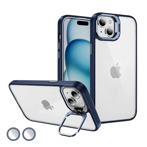 Image of Vaku Luxos Thermoplastic Polyurethane Lens Flip Back Cover For iPhone 15 Plus Stand Holder Back Case With Lens Guard Scratch Resistant Slim Thin Military-Grade Protection-Blue