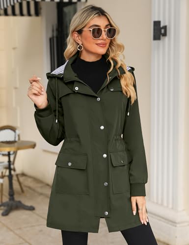 Bloggerlove Raincoat for Women Waterproof Rain Jacket Hooded Trench Coat with Two Side Pockets Army Green S