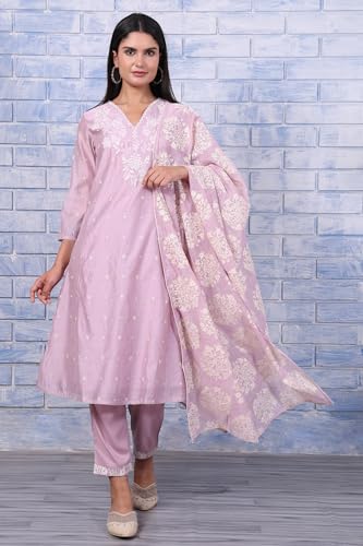 Image of W for Woman Embroidered Lace Cotton Blend Straight Kurta & Straight pant Set