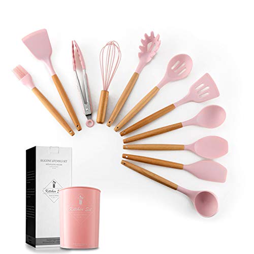11 pièces de batterie de cuisine en silicone ensemble poignée en bois résistant à la chaleur seau de rangement de gadget de cuisine ustensiles de cuisine antiadhésifs (Rose)