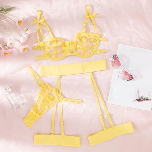 Image of Women Cute Bra Panty Lingerie Set with Garter Belt Lace Teddy Strap Babydoll Lingerie Romantic Bikini with Panty Gown Set for Women Party Set