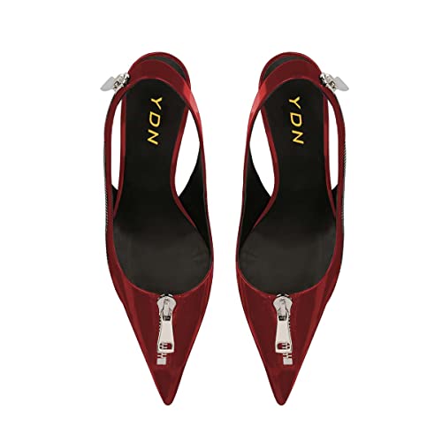 YDN Women Pointed Toe Slip on Pumps Zipper Decoration Slingbacks Metal Kitten Low Heels Fashion Party Shoes Size 4-15 US3