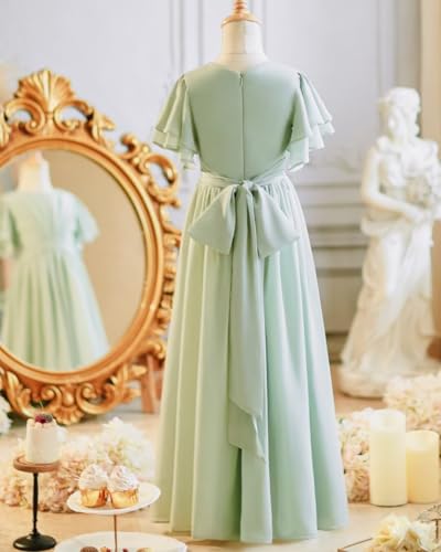 Ruffle Sleeves Junior Bridesmaid Dresses for Girls Ruched Long Formal Wedding Guest Dress with Bow Belt2