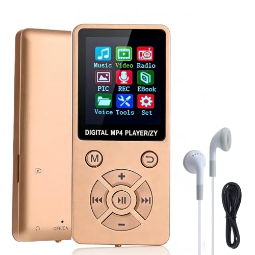 Ouitble Reproductor MP3/reproductor MP4 64GB Bluetooth 5.0 HiFi MP3 Music Player, Pantalla LCD de 1.8 Pulgadas con Altavoz de Videos Electrónicos de Videos Electrónicos de Libros (Dorado)