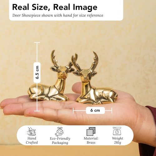 Image of Ekhasa 100% Pure Brass Deer Showpiece Pair with Gift Box | Golden Hiran Murti Pital Animal Figurines for Home Decor Living Room | Religious Housewarming Grah Pravesh Wedding Gift