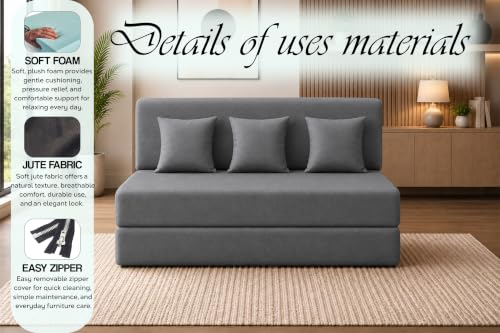 Image of Sofa Cum Bed with Jute Fabric, Convertible Three Seater Sofa Bed 5x6 Ft, Comfortable Cushioned Seating, Space Saving Design for Living Room, Bedroom & Guest Room - Grey Color