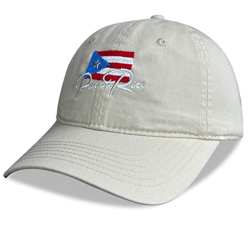 KUBILA Puerto Rico Flag Hats for Men and Women Embroidered Puerto Rican Baseball Cap Dad Hat Adjustable Ball Caps Soft Cotton Beige