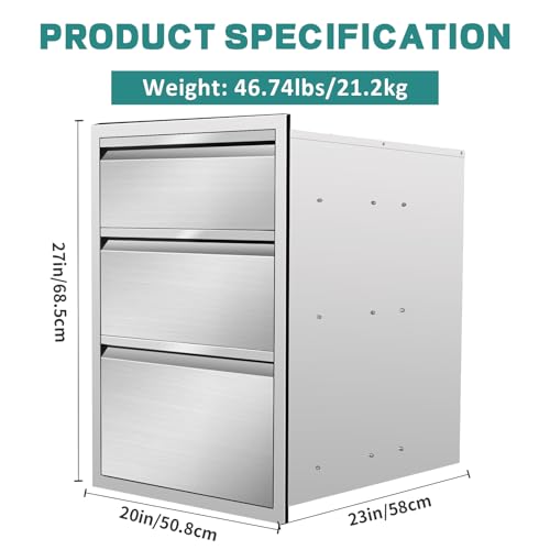 Image of Outdoor Kitchen Drawers 20 inch W x 27 inch H x 23 inch D Stainless Steel Drawer BBQ Triple Drawers with Hidden Handle for Outdoor Kitchen Island, Patio Grill Station