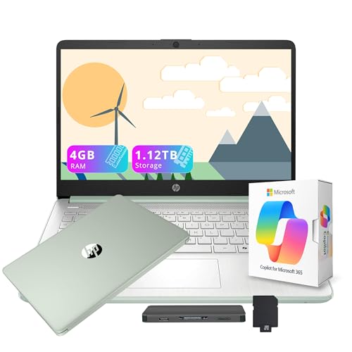 Image of HP Stream 14 inch HD Laptop with AI Copilot, Intel Processor N150, 4GB RAM, 1.12TB Storage (128GB UFS + 1TB Docking Station Set), Intel Graphics, 1 Year Office 365, Wi-Fi 6, Win 11, Willow Green
