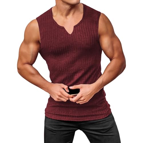 Camiseta sin mangas con cuello en V para hombre, con textura, punto gofre, casual, elástica, para verano, ligera, rojo oscuro, 3XL