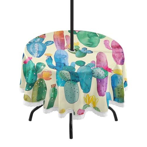 Wajiw 60 Inch Indoor Outdoor Round Tablecloth with Umbrella Hole and Zipper Waterproof Patio Table Cover for Camping Dining Room Party Outdoor Picnic,Cactus