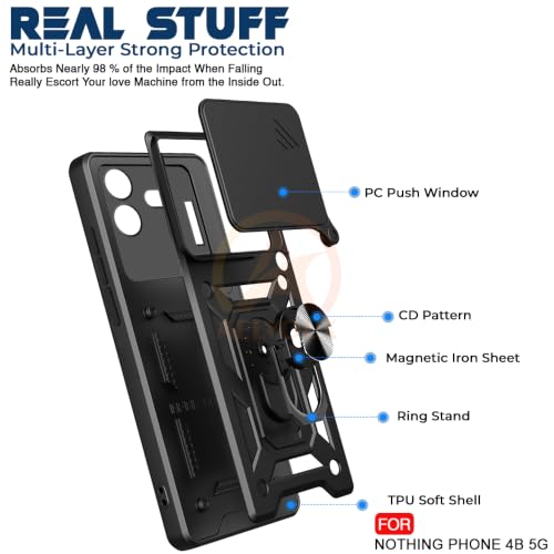 Image of Armor Bumper Back Cover Case for Nothing Phone 4B 5G Rotating Camera Cover, Ring Holder & Kickstand | Heavy Duty & 360 Degree Protection Back Cover for Nothing Phone 4B 5G (Black)