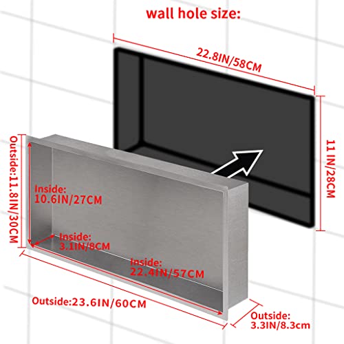 24"×12" Shower Niche Brushed Stainless Steel, Recessed Shower Caddy, Bathroom Shelf Insert Fits for 22.8"x11" Wall Hole Installation (Nickel) - Image 5