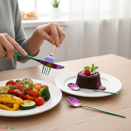 Image of Slim Handle Rainbow 8 Pcs Stainless Steel Cutlery Set for Dining Table, Dishwasher Safe Glossy Flatware (2 Spoon Set + 2 Forks Set + 2 Butter Knife + 2 Dessert Spoon)