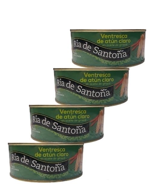 Ventresca de atún en aceite Ría de Santoña 900 gr (Pack 4)- Deliciosa conserva de ventresca de atún claro capturada en el Atlántico, envasada artesanalmente en aceite de girasol en Santoña.