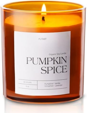 Putart Pumpkin Spice Candles for Home Scented, Luxury & Strong Fragranced Pumpkin Soy Wax Aromatherapy Candle with Long Lasting Burn, Orange Fall Candle Gifts for Halloween, Autumn, Christmas 9oz