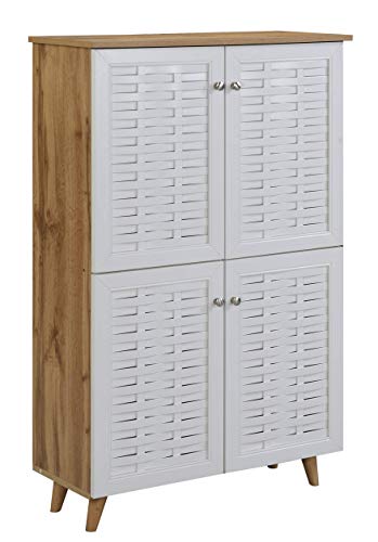 Image of DeckUp Plank Bei 4 Door Engineered Wood Shoe Rack with Wooden Legs (Wotan Oak and White, Matte Finish) 34D x 77W x 124H Cm