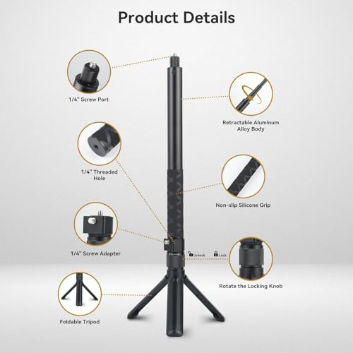 UTEBIT 5.9\"-47\" Bullet Time Handle Tripod Rotating Grip with Invisible Selfie Stick, Compatible with Insta360 X5/X4, DJI OSMO Pocket 3, GoPro, 1/4\" Thread Compact Selfie Stick & Tabletop Tripod, Black - Thumbnail 2