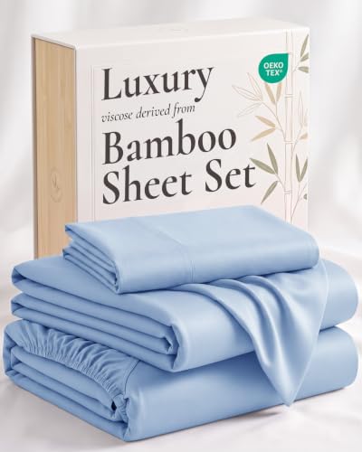 Image of Hotel Sheets Direct 3 Piece Bed Sheet Set Twin Size, 100% Viscose Derived from Bamboo Sheets Set with 1 Pillowcase, Cooling & Breathable Luxury Bedding, Moisture-Wicking & Silky Soft, Light Blue