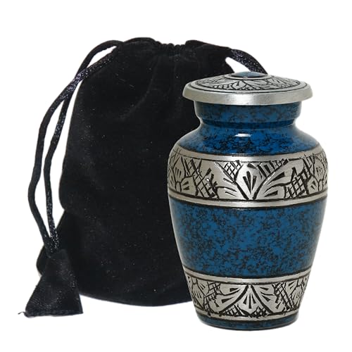 THE ASCENT MEMORIAL Blue Mini Keepsake Urns for Funeral Ashes Men Women - Beautifully Detailed Engraved Small Cremation Urns for Human Remains - Velvet Carry Bag - Paper Funnel - Gift Box