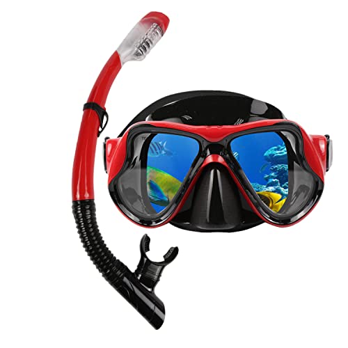 DIPUKI Snorkeling Gear for Adults Snorkel mask Set Scuba Diving mask Dry Snorkel Swimming Glasses Swim Dive mask Nose Cover Youth Diving (Red+Blue(2 Pack))