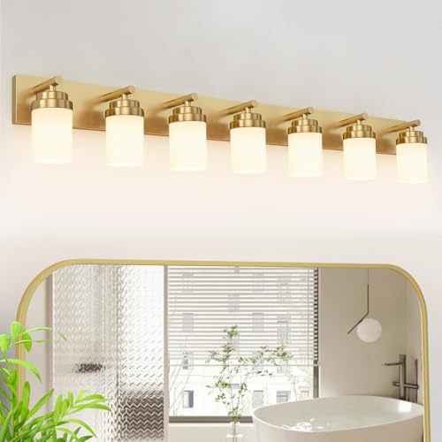 Image of IZORRO Bathroom Vanity Light Fixture, 7-Light 52 inch Gold Bathroom Light Fixtures Over Mirror, with White Glass Shade, Modern Farmhouse Vanity Lights, Rustic Restroom Lighting Fixtures