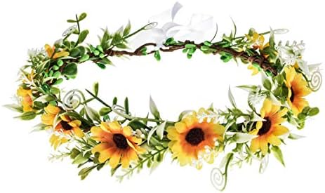 DDazzling Green Leaf Floral Crown Eucalyptus Flower Women Girls Headband Flower Headpiece Bridal Halo Photo Prop (Sunflower Yellow)