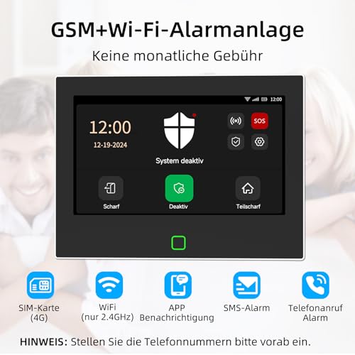 CPVAN GSM + WiFi Alarmanlage Haus mit 7 Touch Screen, Kein Vertrag Smart Komplettsysteme mit APP/SMS/Telefonanruf Alarm 14 Stück, 110dB Host, Bewegungsmelder, Tür/Fenster Sensoren, Fernbedienungen