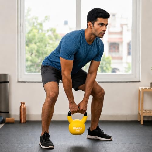 Image of DAARA Half Coating Neoprene Kettlebell, 5kg Yellow Cast Iron Kettle Bell with Non-Slip Grip Handle for Strength Training, Home Gym Workout Equipment for Men & Women (Proudly Made in India)