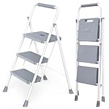 NEWBULIG 3 Step Ladder, Collapsible Step Stool with Safety Lock, Anti-Slip Rubber Feet, Lightweight Portable Ladder for Home Office Garage, Grey & White