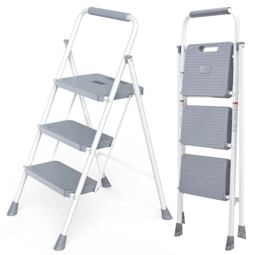 NEWBULIG 3 Step Ladder, Collapsible Step Stool with Safety Lock, Anti-Slip Rubber Feet, Lightweight Portable Ladder for Home Office Garage, Grey & White