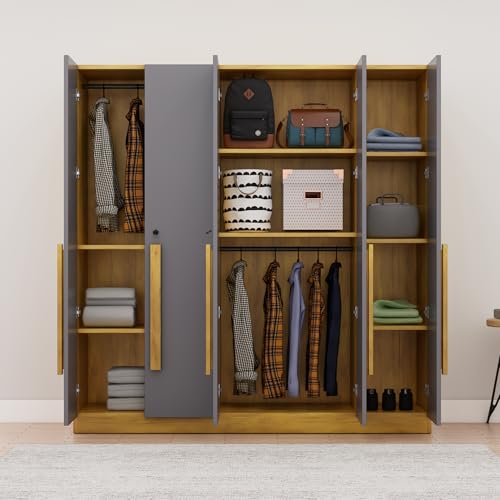 Image of Bniture 5 Door Wardrobe for Bedroom with Lockable Door & Hanging Space | Almirah for Clothes with Elevated Bottom Base | Wardrobe for Storage | 3 Years Warranty (Giant Wood & Slate Grey, 5 Door)