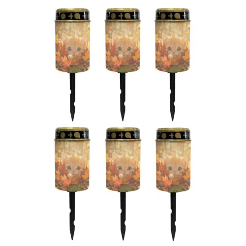 Image of Poceacles Flameless Candle Solar Powered Grave Outdoor Lights Cemetery Candle Flameless Fake LED Pillar Lights Outdoor Waterproof Lawn Decoration, Cute Cat Autumn Forest Leaf, Set of 6