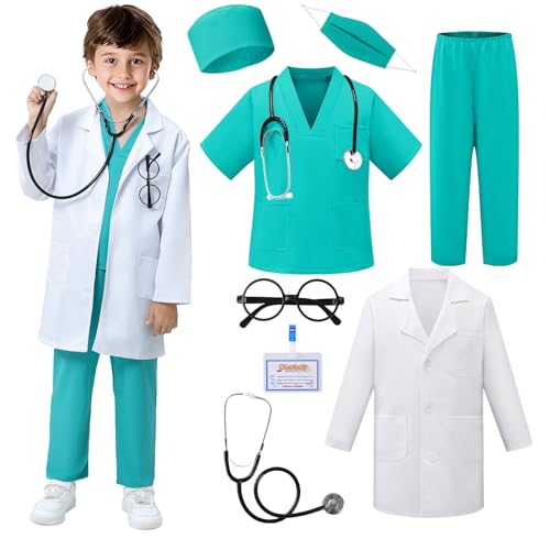 FUNSENLY Doctor Costume for Kids - 8pcs Kids Dress Up Set, Toddler Halloween Costumes for Girls Boys, Doctor Pretend Play Kit