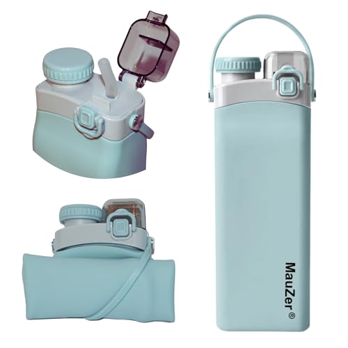 Mauzer® Faltbare Trinkflasche mit Strohhalm - Auslaufsicher, 600ml Wasserflasche aus Silikon, BPA frei - Ideal für Kinder, Sport, Reisen, Camping, oder Festival (Blau)