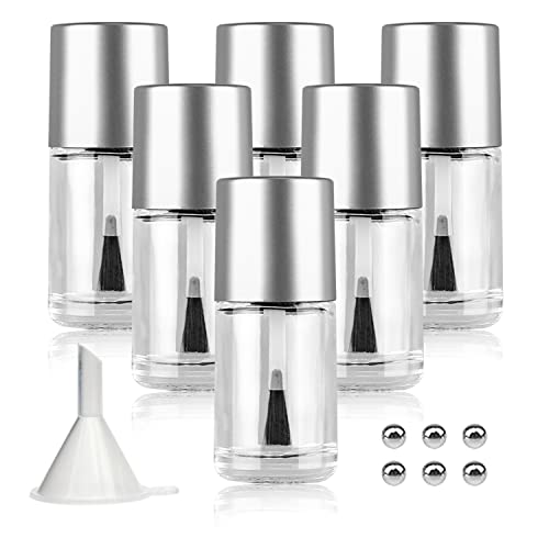 6PCS Empty Nail Polish Bottles with Brush, Empty Refillable DIY Glass Nail Polish Bottles with Funnel & Mixing Balls (15ML, Silver)
