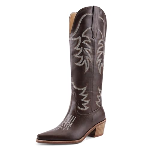 Women's Cowboy Boots Mid Calf Cowgirl Embroidered Stitched Western Boots Snip Toe Chunky Heel Pull On Fashion Tall Boots