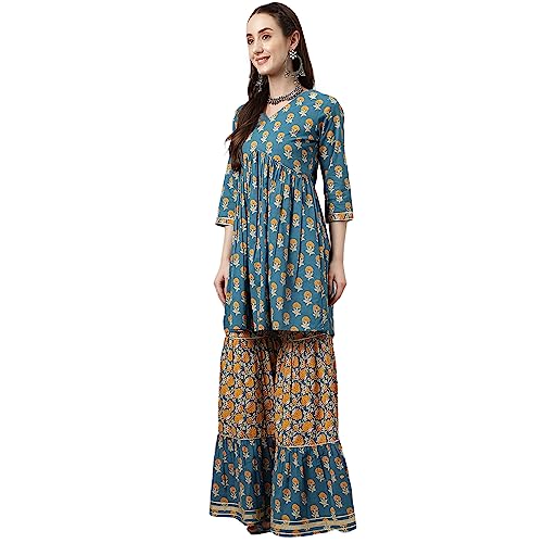 Image of FIORRA Women's Mor Peach Pure Cotton Flared Kurta with Sharara and Dupatta