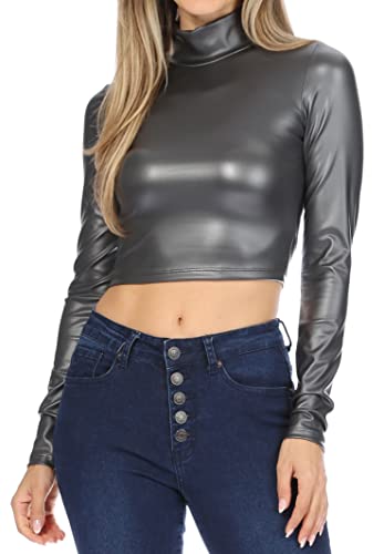 Image of Sakkas Matte Liquid Mock Neck Turtleneck Long Sleeve Crop Top - Made in USA