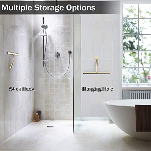 Image of OPERNEE Shower Squeegee with Self Adhesive Hook, 10 Inches Stainless Steel Squeegee Cleaner, All-Purpose Window Scraper for Bathroom Doors, Mirror, Windows and Car Glass, Brushed Gold