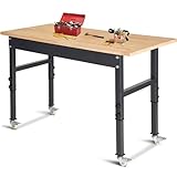 48' Adjustable Work Bench, Rubber Wood Top Workbench Heavy-Duty Work Table with Wheels, 2000 LBS Load Capacity Hardwood Work Benches for Garage, Workshop, Home, Office, Easy Assembly