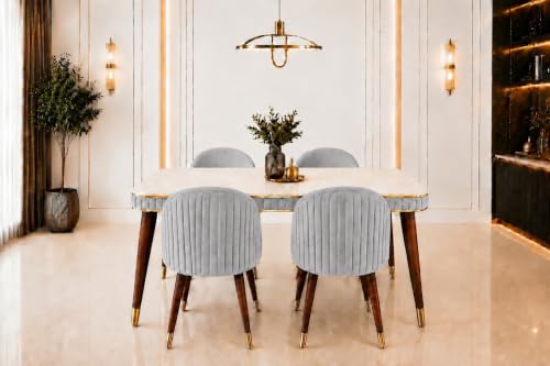 Image of WOODEN SPACE Majestic 4 Seater Wooden Dining Table Set | Urban Marble Top Dining Table with Chairs for Dining Room & Kitchen (Majestic Classic Backline Light Grey) (54 x 36 x 30 inch)